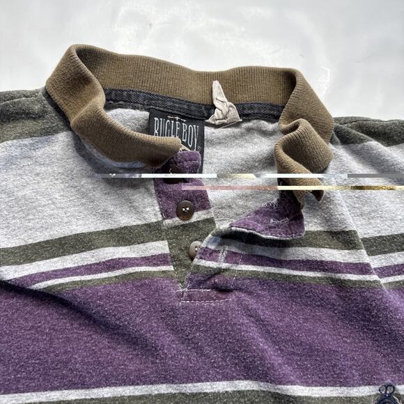 Vtg Bugle Boy Shirt Men Sz L 1/4 Button Striped Logo Stitched Collar READ - Picture 2 of 12